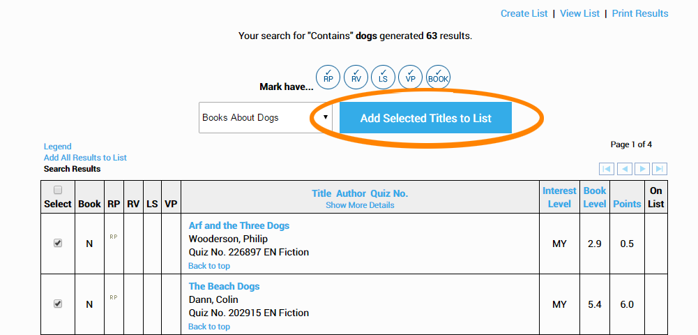 the Add Selected Titles to List button