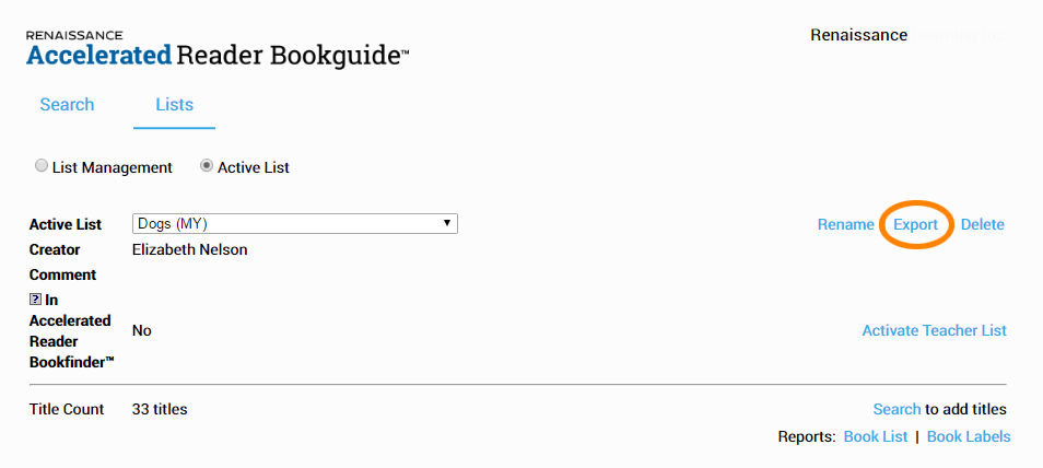 the Export link to the right