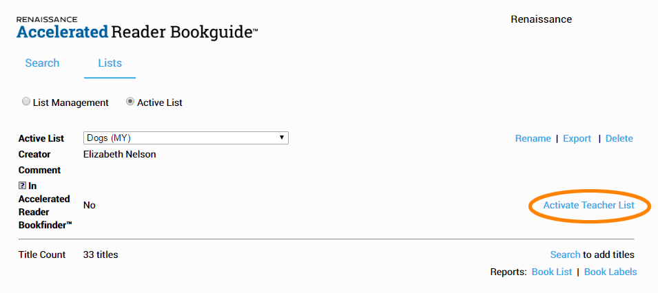 the Activate Teacher List link