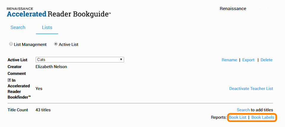 the Book List and Book Labels links
