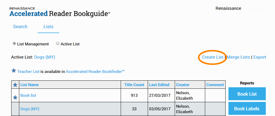 the Create List link above the books and to the right