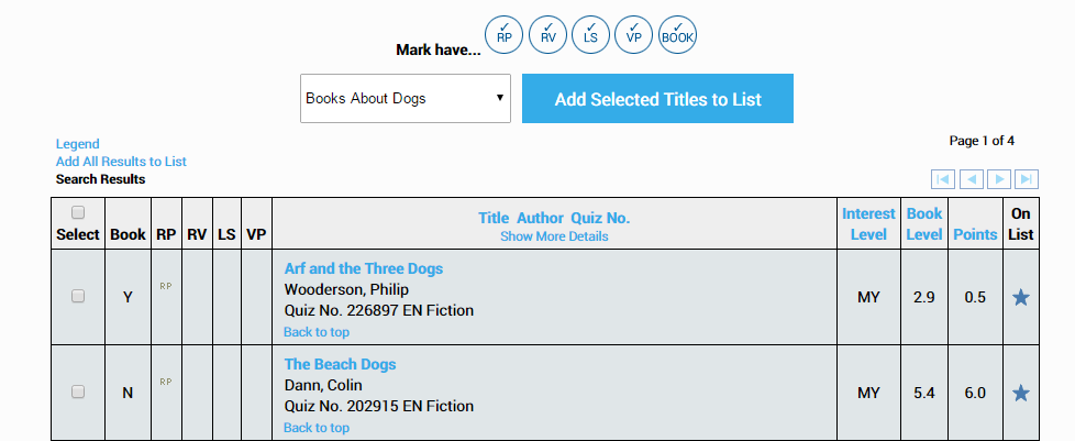 the titles added to the list, with a star in the On List column