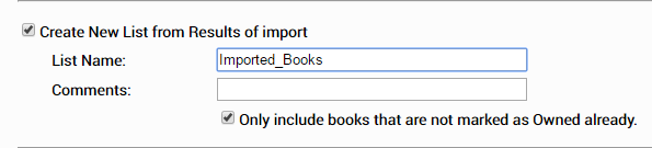 the name and comments field for a new list and the tick box for only including books that are not already marked owned